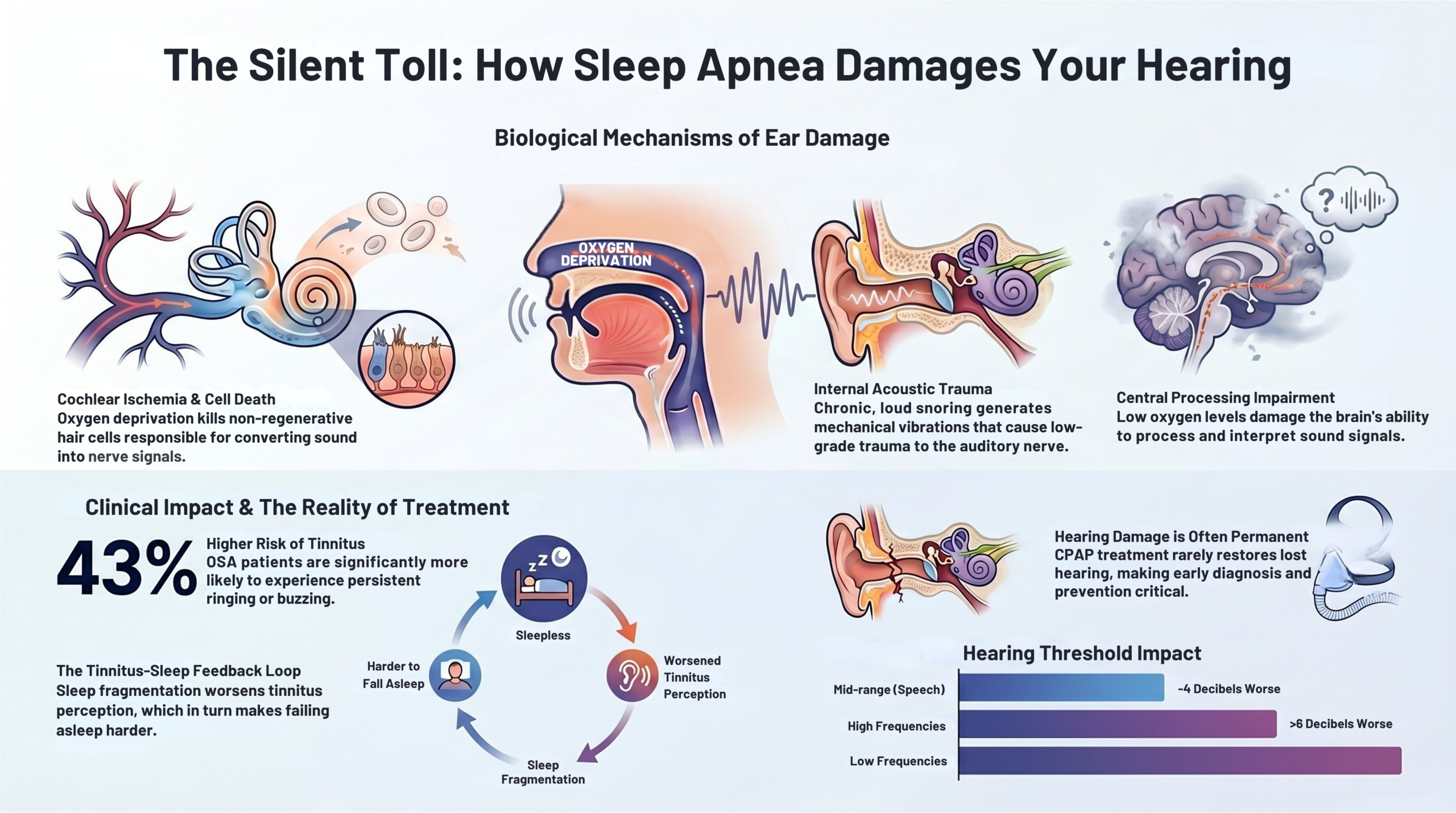 Infographic: The Silent Toll — How Sleep Apnea Damages Your Hearing. Shows biological mechanisms of cochlear ischemia, internal acoustic trauma and central processing impairment, plus the 43% tinnitus risk, the tinnitus-sleep feedback loop, and hearing threshold impact data.