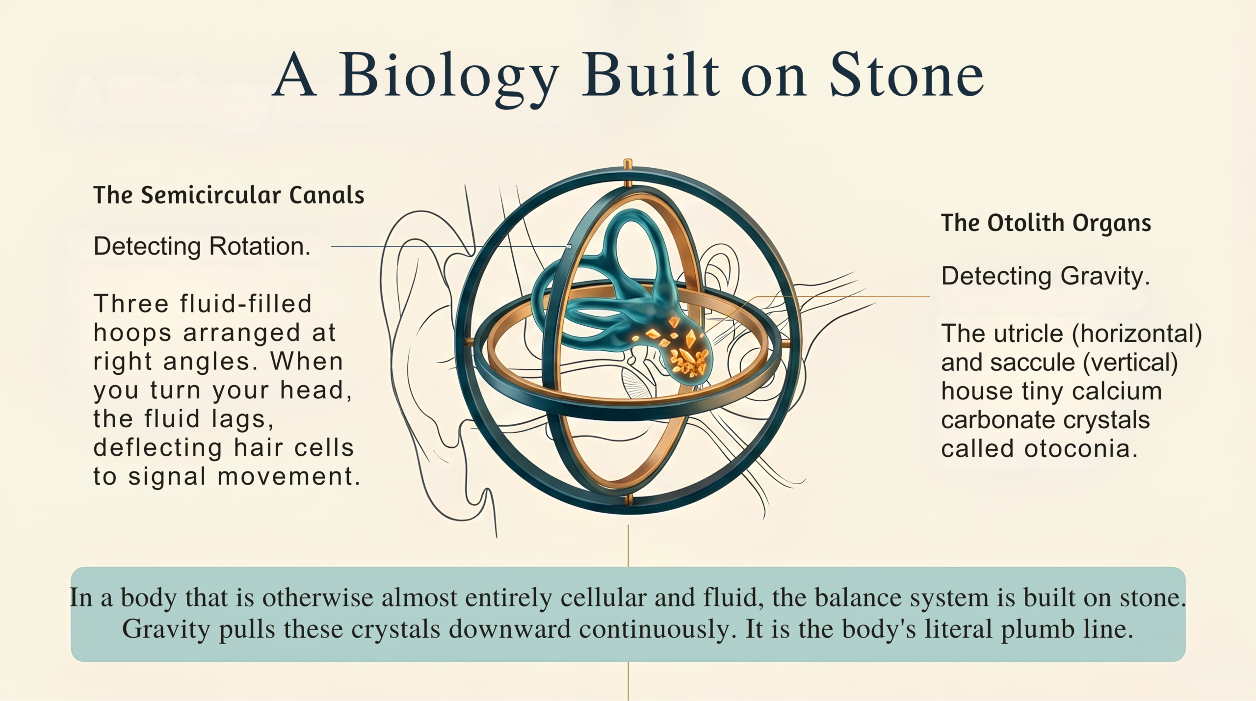 Scientific illustration titled A Biology Built on Stone showing the semicircular canals (detecting rotation) and the otolith organs — utricle and saccule — containing calcium carbonate crystals called otoconia that detect gravity.