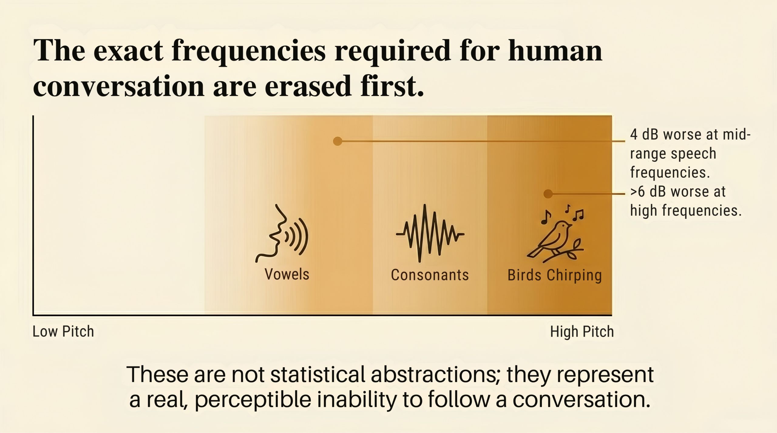 Frequency chart showing that the exact frequencies required for human conversation — vowels, consonants, and high-pitched sounds — are the ones most affected by sleep apnea-related hearing loss, with approximately 4 dB worse at mid-range and more than 6 dB worse at high frequencies