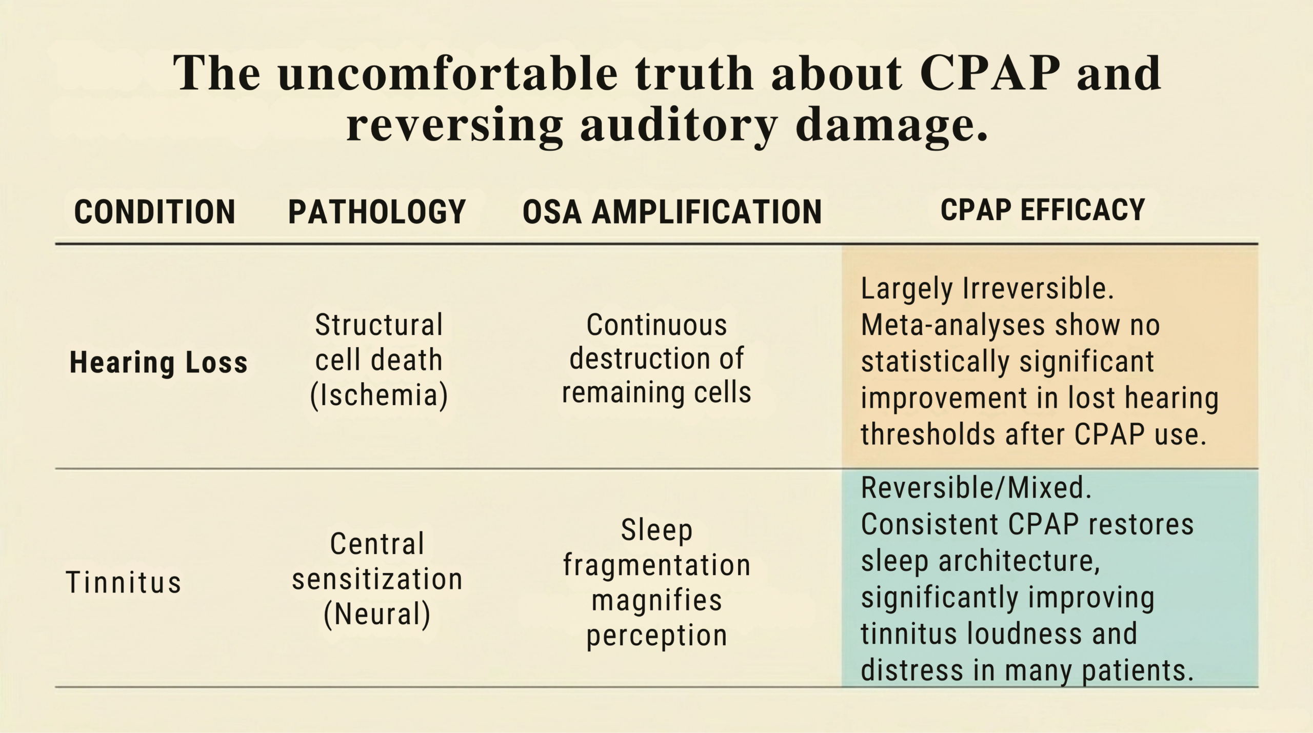 Table comparing CPAP efficacy for hearing loss versus tinnitus in sleep apnea: hearing loss pathology is structural cell death from ischemia, largely irreversible; tinnitus pathology is central sensitization, reversible or mixed with consistent CPAP use