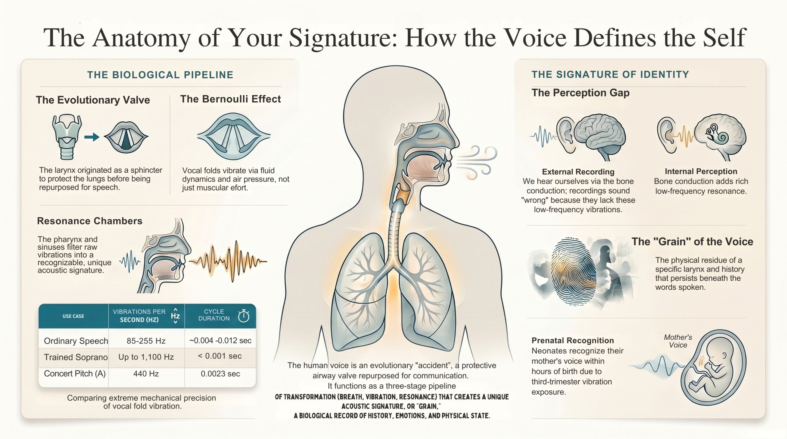 The Anatomy of Your Signature: How the Voice Defines the Self — comprehensive infographic showing the biological pipeline (evolutionary valve, Bernoulli effect, resonance chambers) and the signature of identity (perception gap, grain of the voice, prenatal recognition).