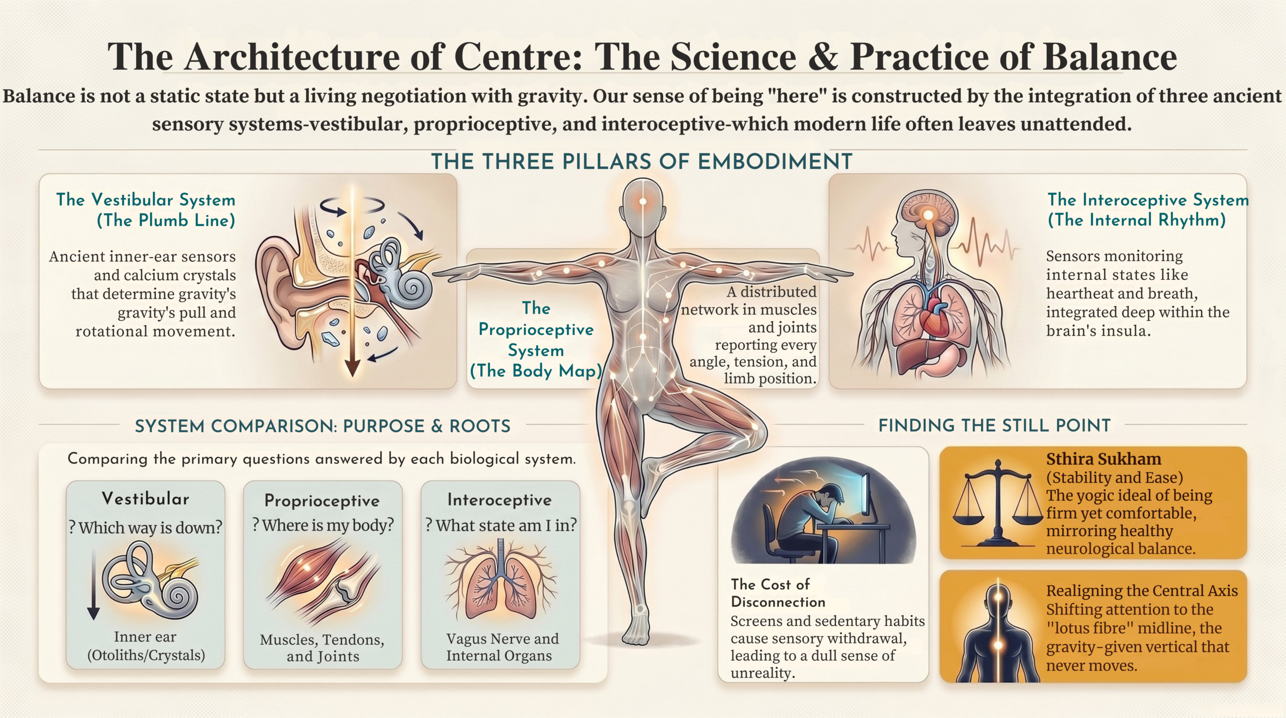 Infographic titled The Architecture of Centre showing three sensory pillars: the vestibular system (the plumb line), the proprioceptive system (the body map), and the interoceptive system (the internal rhythm), alongside system comparisons and the concept of finding the still point.