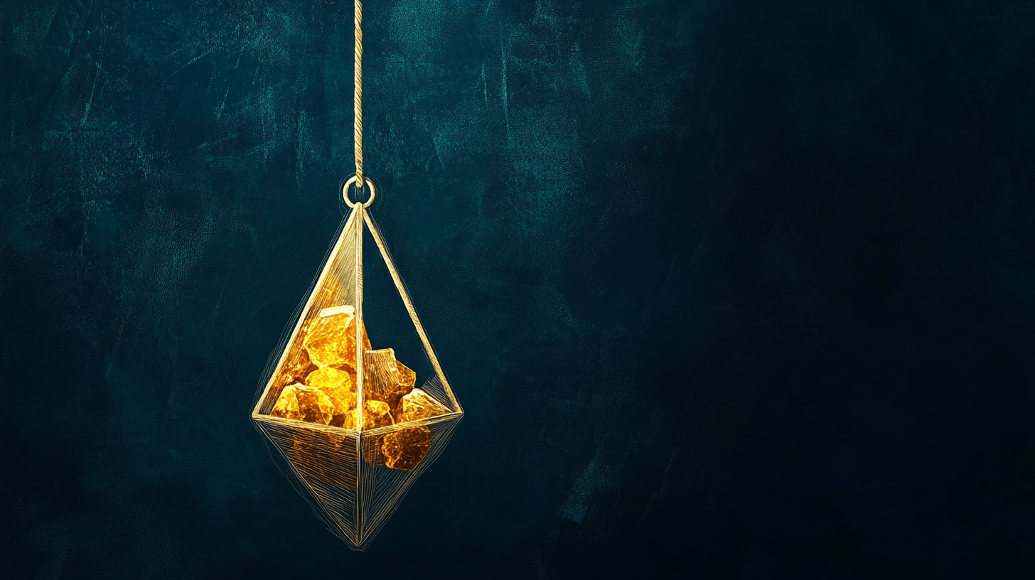 A geometric wireframe cage containing rough golden calcium carbonate crystals, suspended on a thread against deep teal — a plumb line as the body's ancient gravity sensor, the otoconia of the inner ear made visible.
